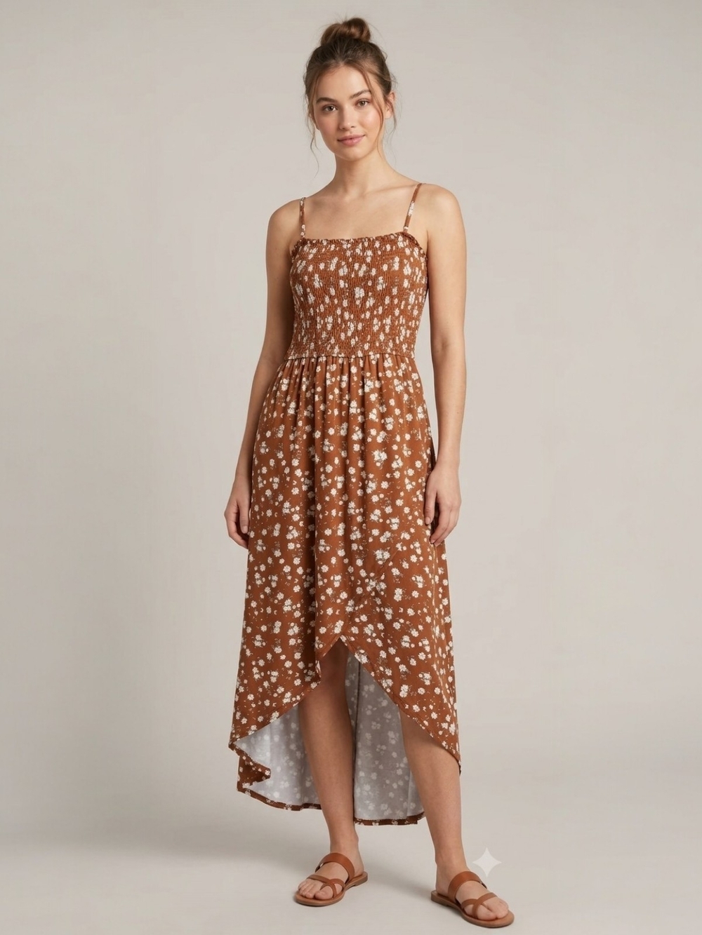 Streetwear Society Brown Floral Smocked Faux Wrap Maxi Dress XL